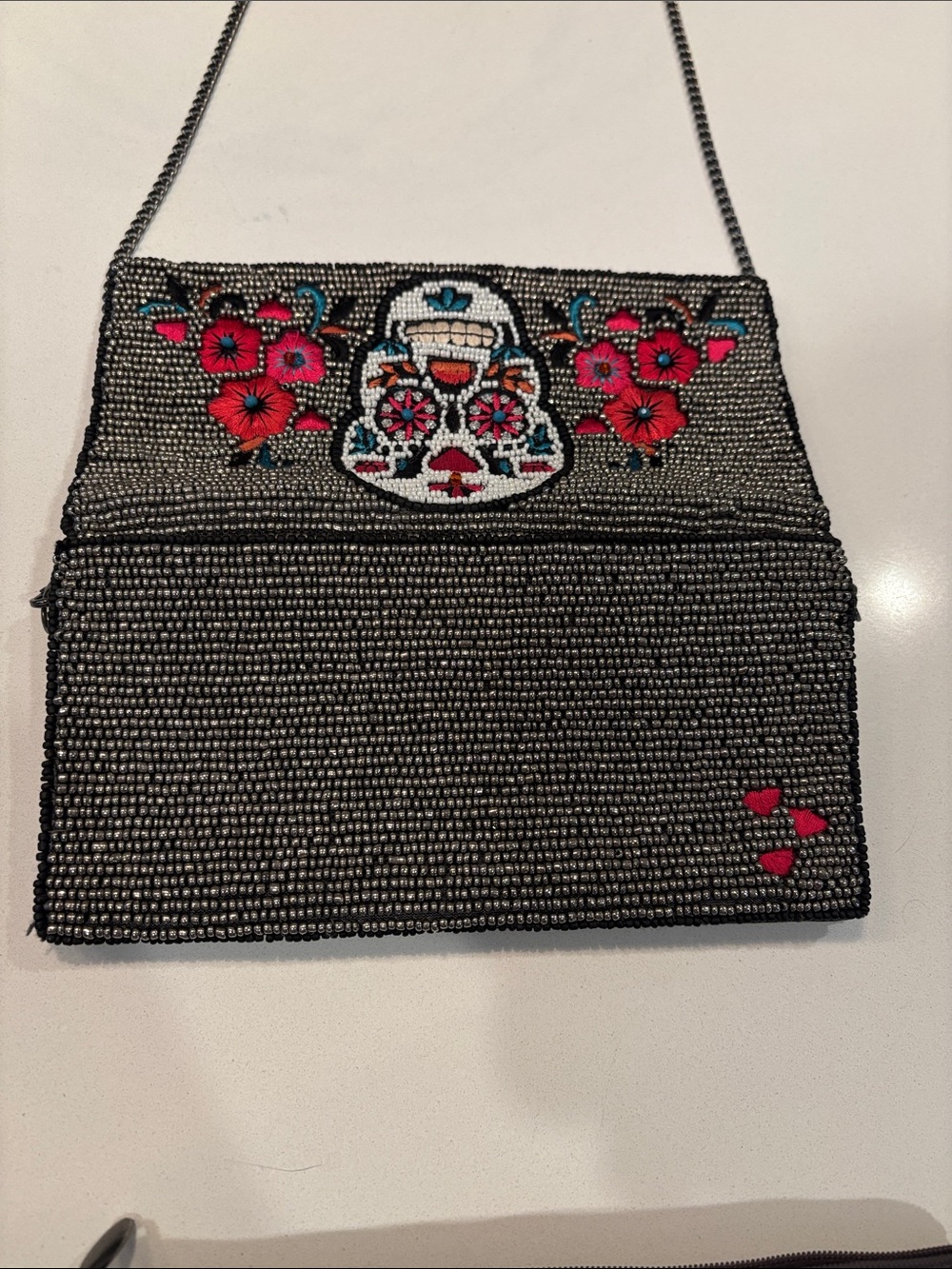 Mary Frances Beaded Sugar Skull Crossbody Clutch Black with Pink Floral Accents - Picture 9 of 9